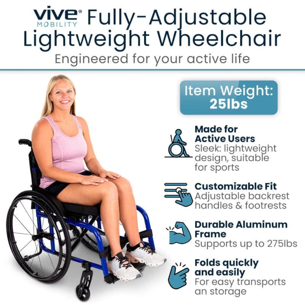 Vive Mobility fully-adjustable lightweight wheelchair with a woman sitting in it, featuring product details.