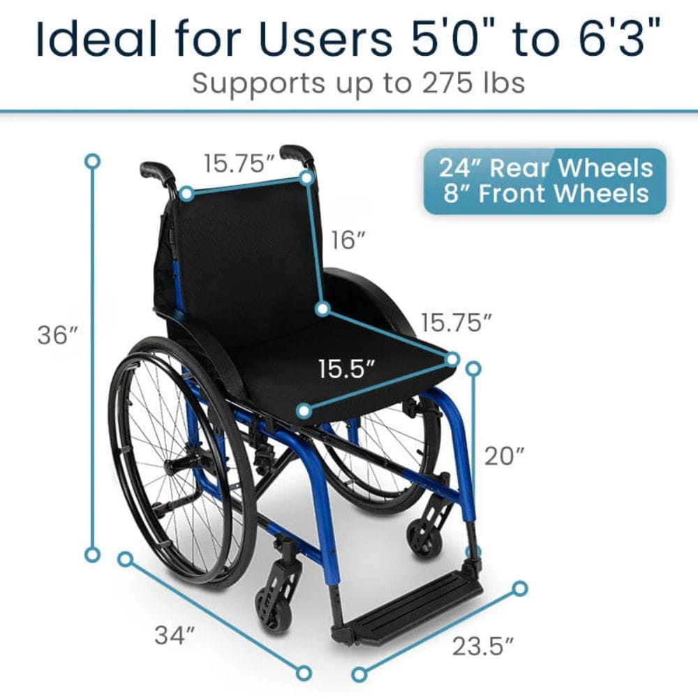 Wheelchair with dimensions labeled on a white background