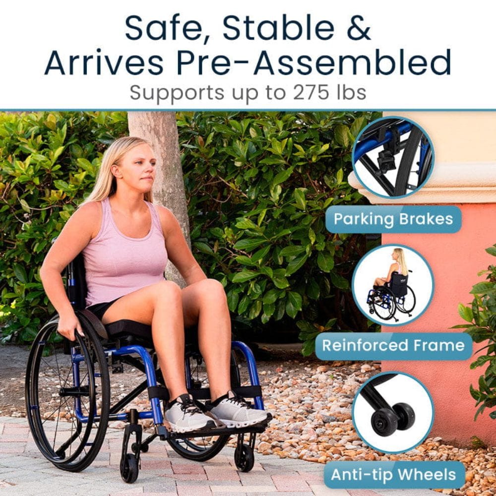 Woman using a wheelchair with safety features highlighted on a white background
