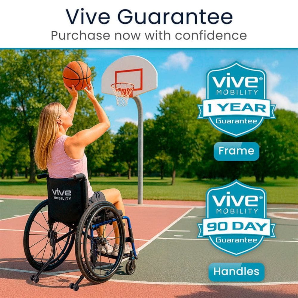 Person in a wheelchair playing basketball on an outdoor court with Vive Mobility guarantees displayed.