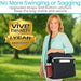 Woman holding a black bag with 'Vive Health' branding outdoors, featuring a guarantee badge.