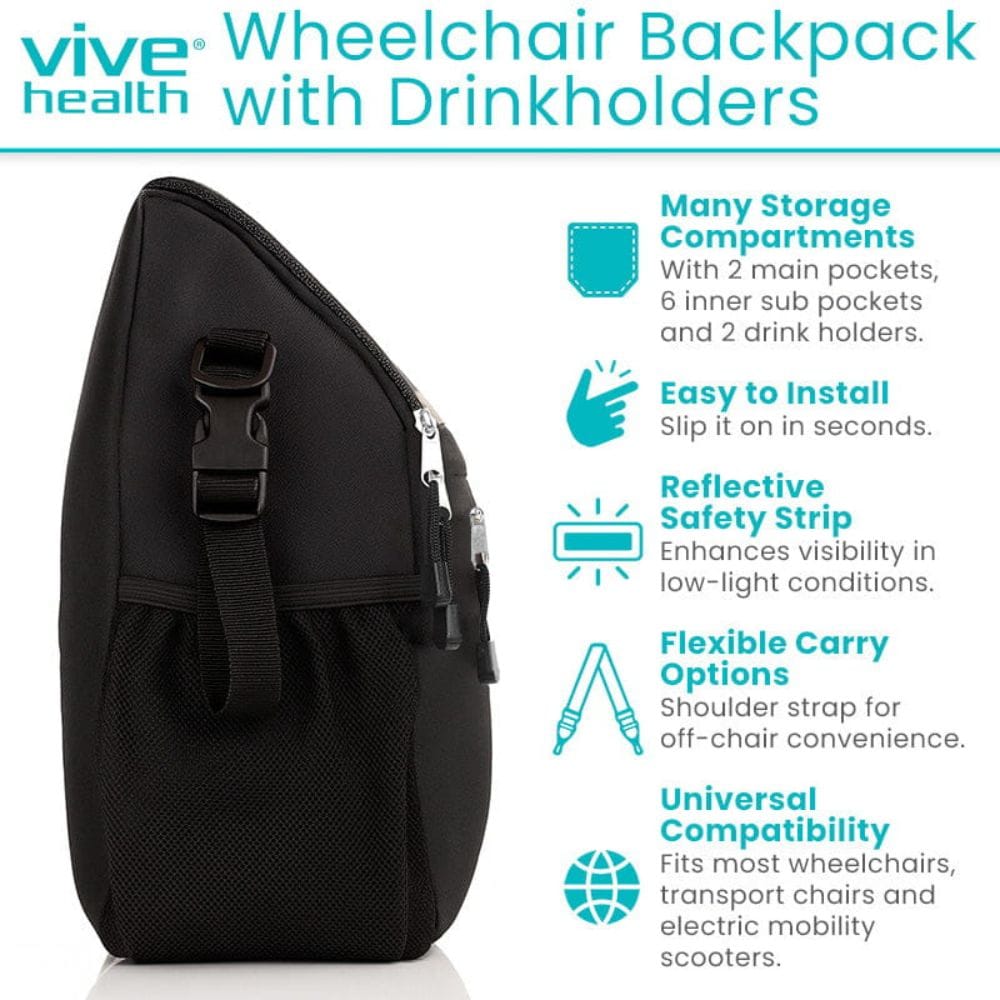 Black wheelchair backpack with drink holders and feature list on a white background