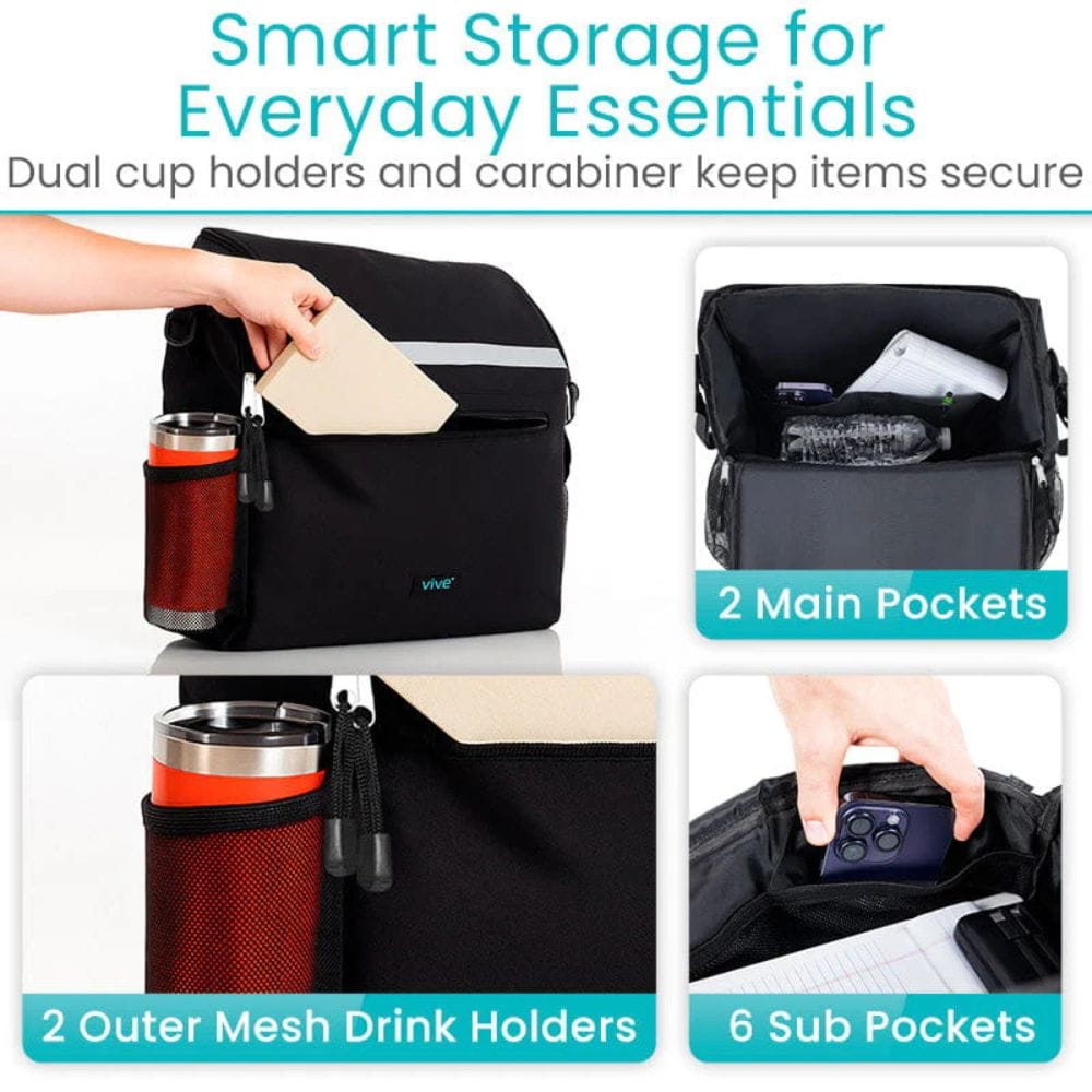 Black bag with storage compartments and drink holders, featuring text on smart storage solutions.