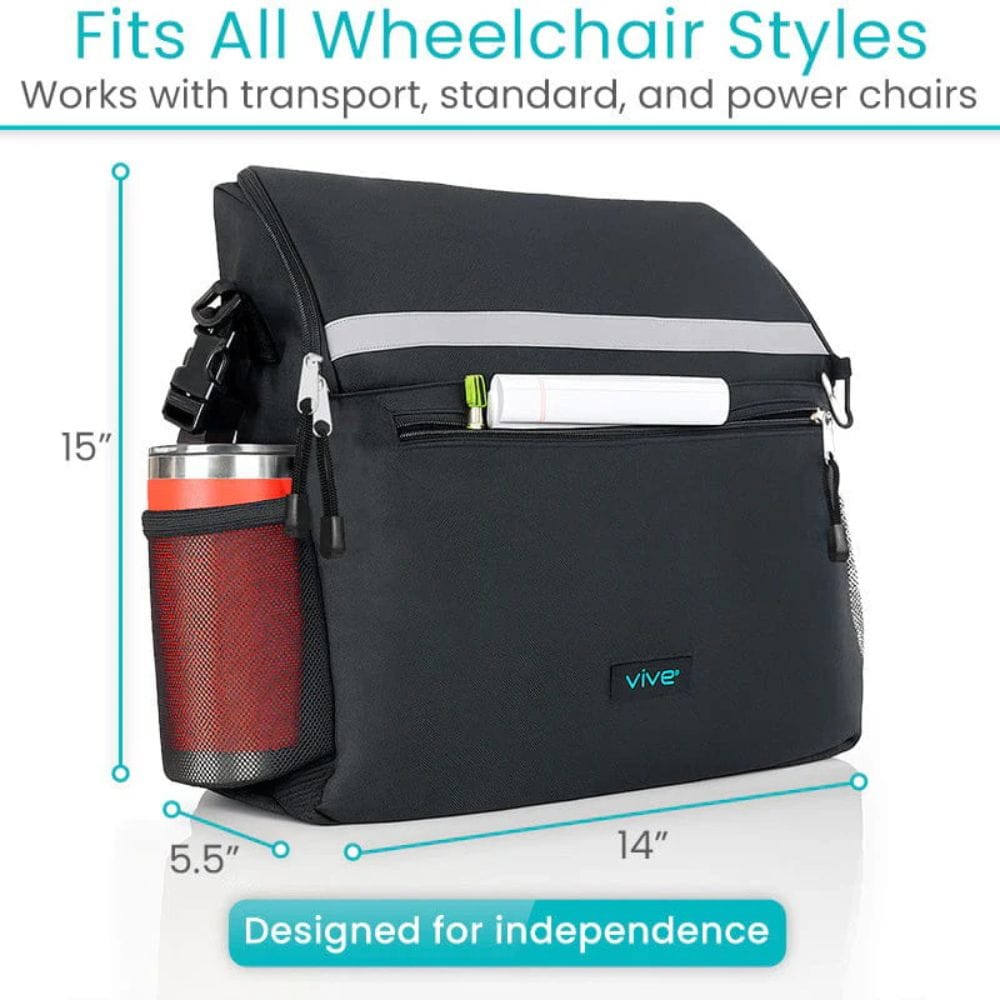 Black wheelchair bag with measurements and features on a white background
