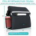 Black wheelchair bag with measurements and features on a white background