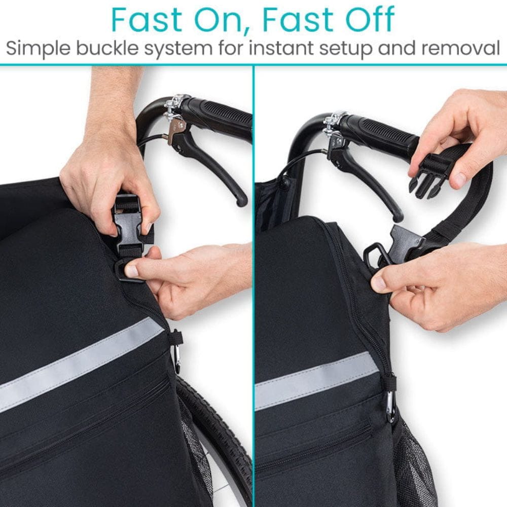 Person fastening and unfastening a black bag with a reflective strip using a simple buckle system.