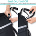 Person fastening and unfastening a black bag with a reflective strip using a simple buckle system.