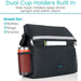 Black bag with dual cup holders and side mesh holders for drinks, featuring the brand 'Vive'.