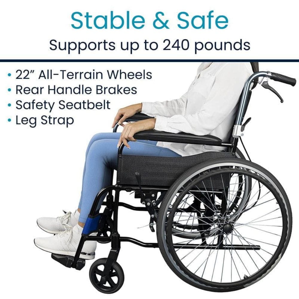Wheelchair with features listed on a white background