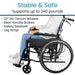 Wheelchair with features listed on a white background