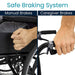 Comparison of manual brakes and caregiver brakes on a wheelchair with text 'Safe Braking System'.