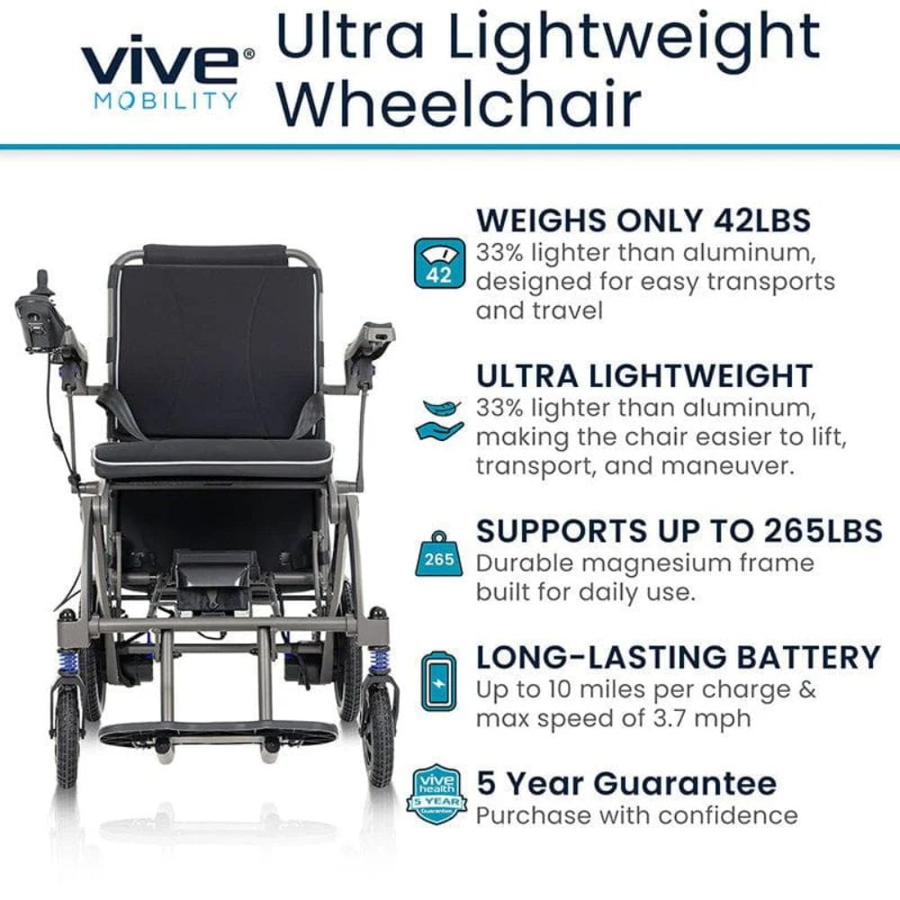 Vive Mobility Ultra Lightweight Wheelchair with features listed on a white background