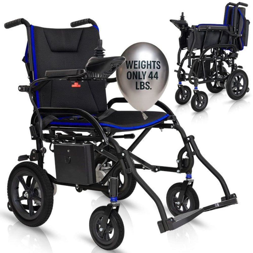 Foldable wheelchair with a balloon indicating weight capacity on a white background