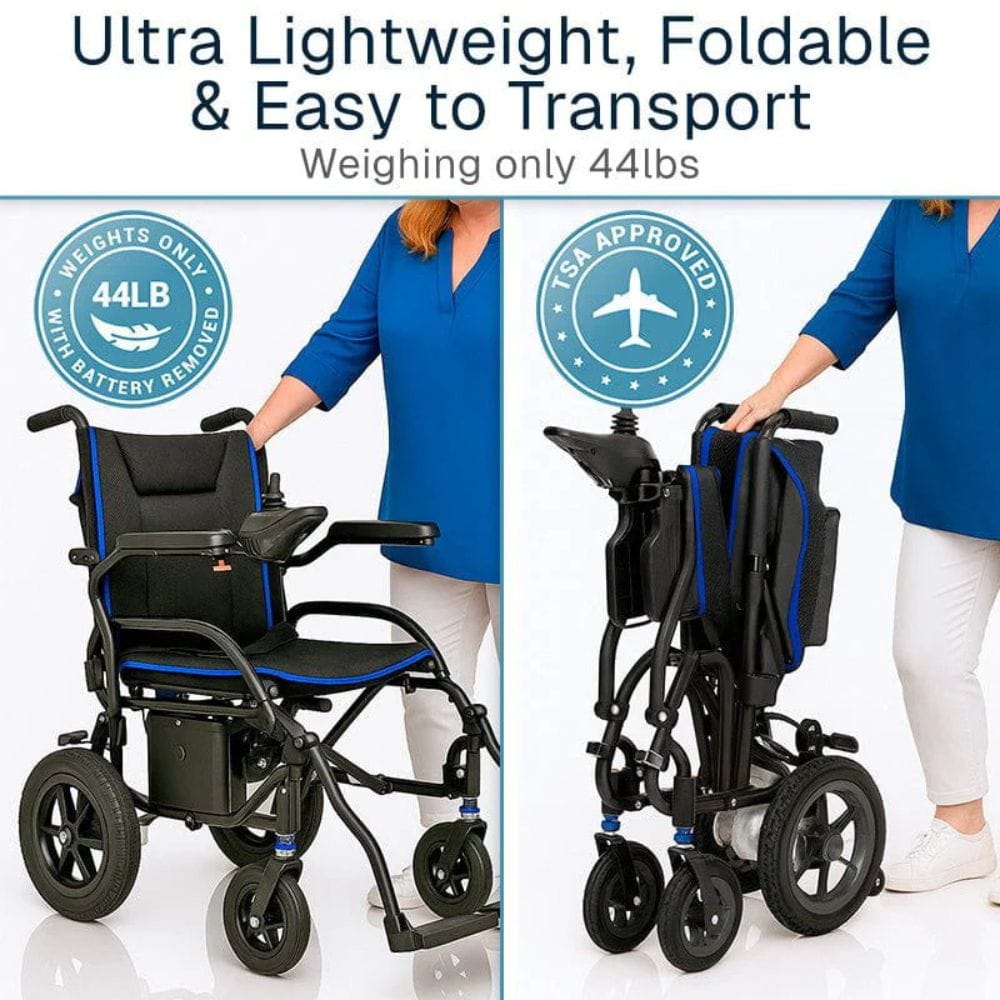 Foldable wheelchair with text highlighting weight, foldability, and transportability on a white background.