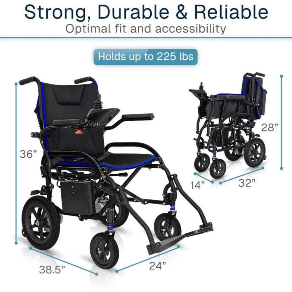 Wheelchair with dimensions and weight capacity on a white background