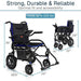 Wheelchair with dimensions and weight capacity on a white background