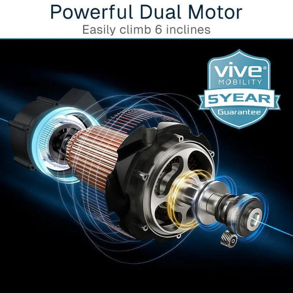 Powerful dual motor with a 5-year guarantee badge on a dark background