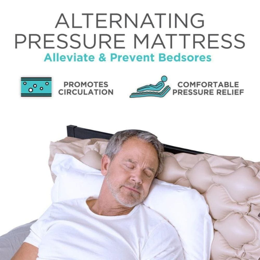 Man sleeping on an alternating pressure mattress with text highlighting its benefits.