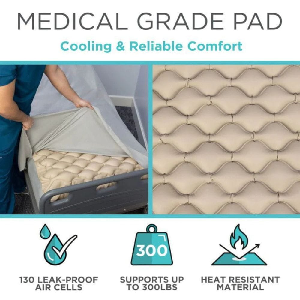 Medical grade pad with text highlighting features like cooling, reliability, and comfort.