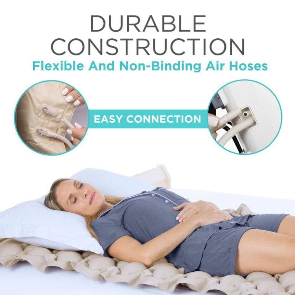 Woman lying on an air mattress with text about durable construction and easy connection of air hoses.