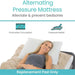 Advertisement for an alternating pressure mattress replacement pad with a woman lying on it.