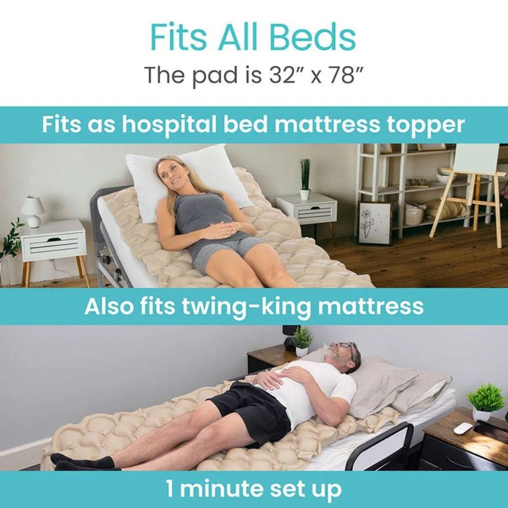 Woman lying on a hospital bed with a mattress topper, surrounded by text about product features.