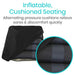 Inflatable cushioned seating with text highlighting its benefits on a white background