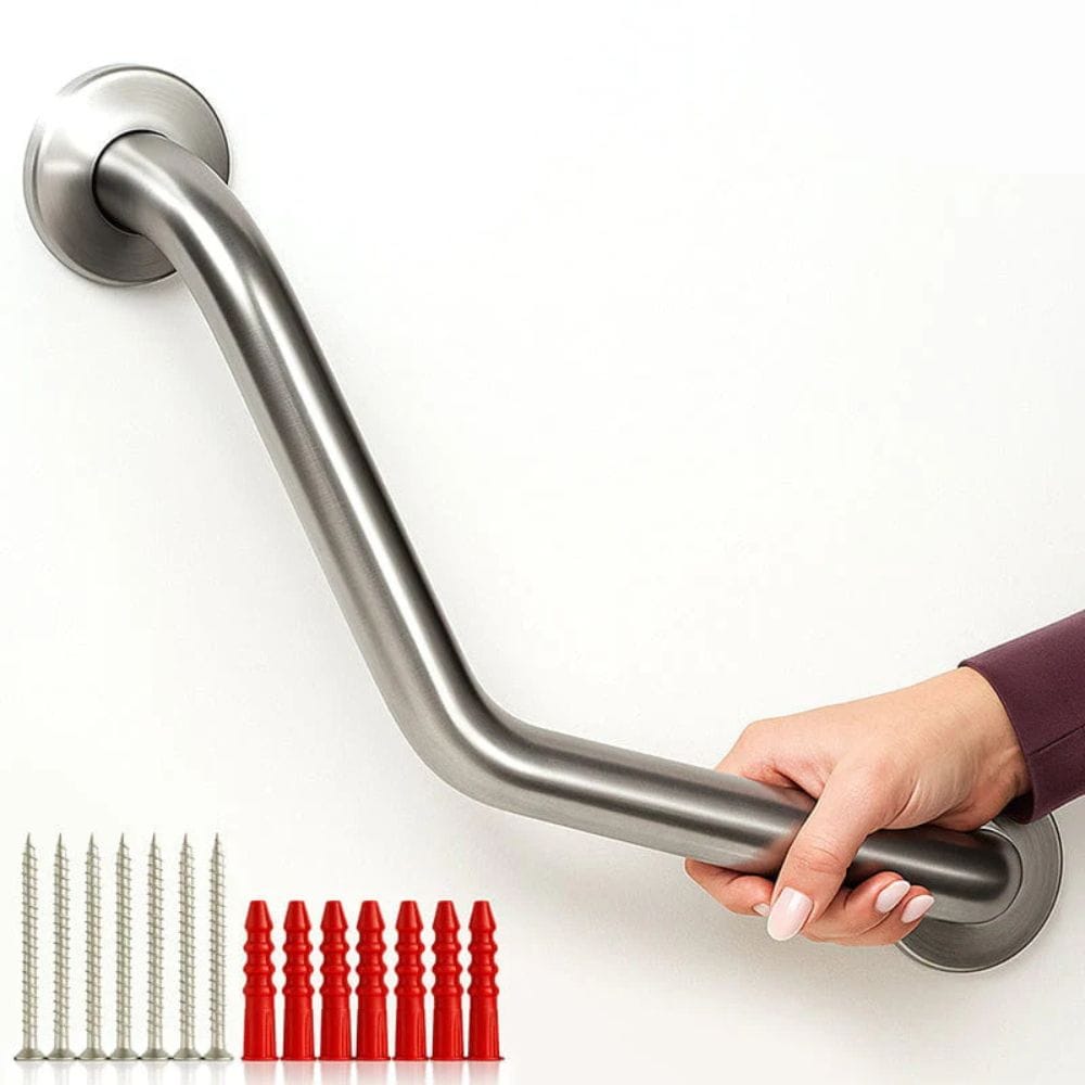 Stainless steel grab bar with screws on a white background
