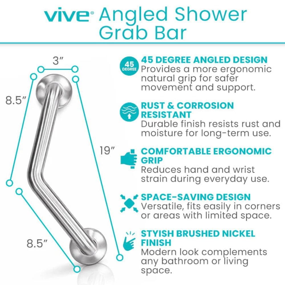 Vive angled shower grab bar with features and specifications on a white background