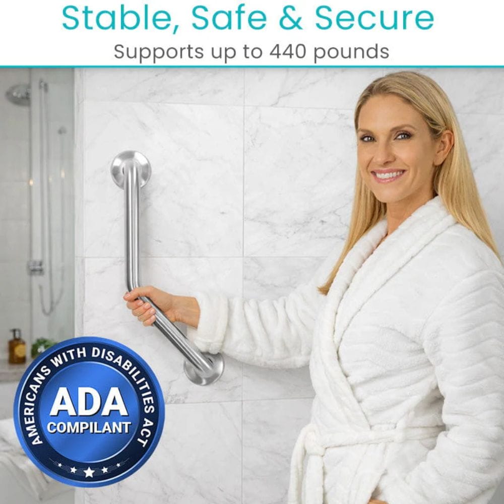 Woman using a grab bar in a bathroom with ADA compliance badge and text 'Stable, Safe & Secure Supports up to 440 pounds'.