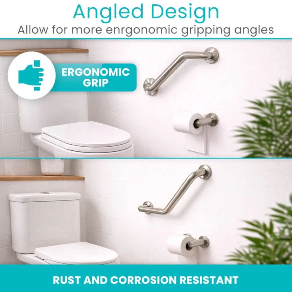 Bathroom setup with grab bars highlighting ergonomic grip and rust-corrosion resistance.