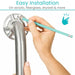 Hand installing a metal fixture with text about easy installation on various surfaces.