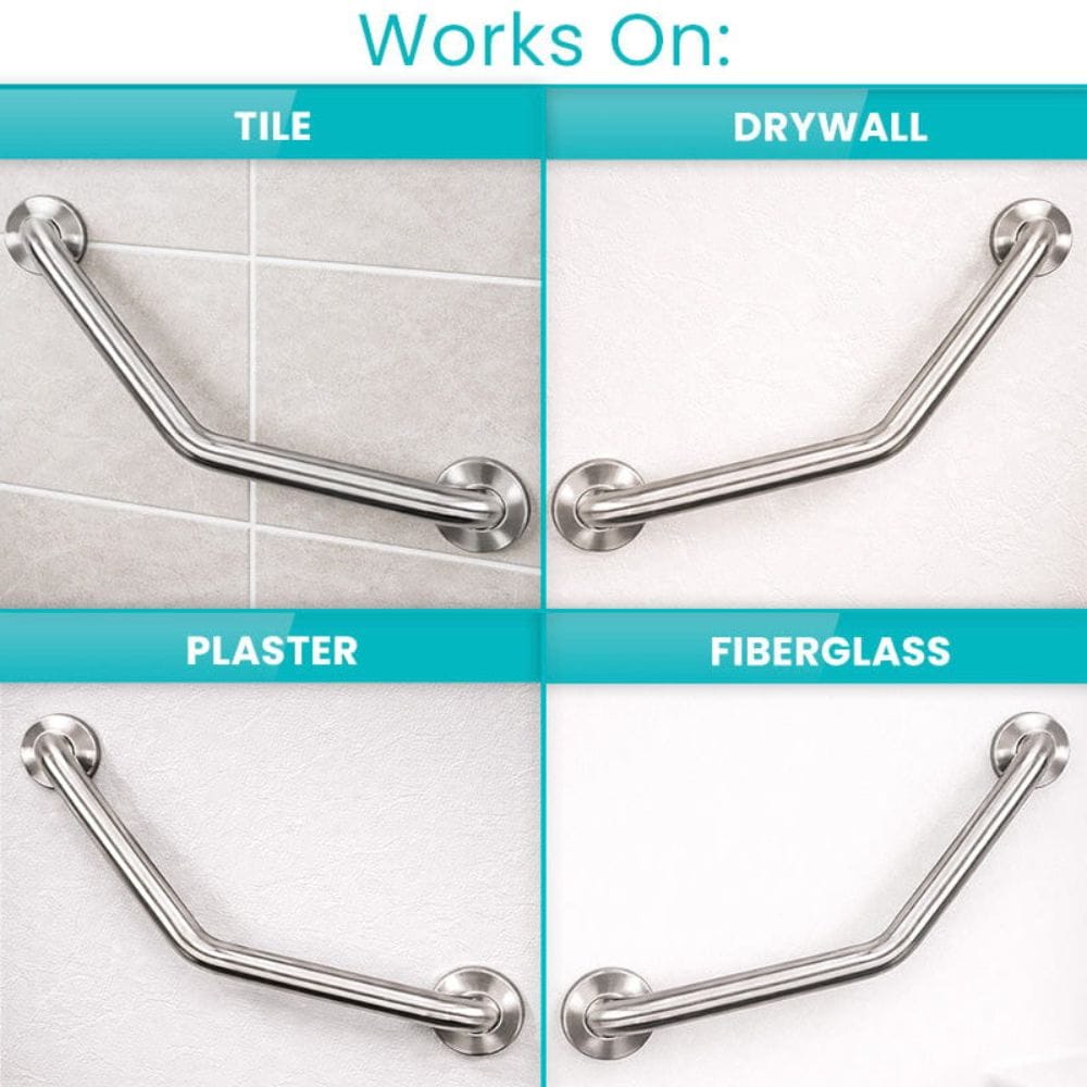 Metal grab bar demonstrating compatibility on different surfaces including tile, drywall, plaster, and fiberglass.