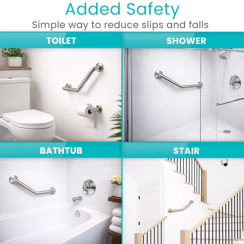 Bathroom safety features including grab bars in various areas like toilet, shower, bathtub, and stair.