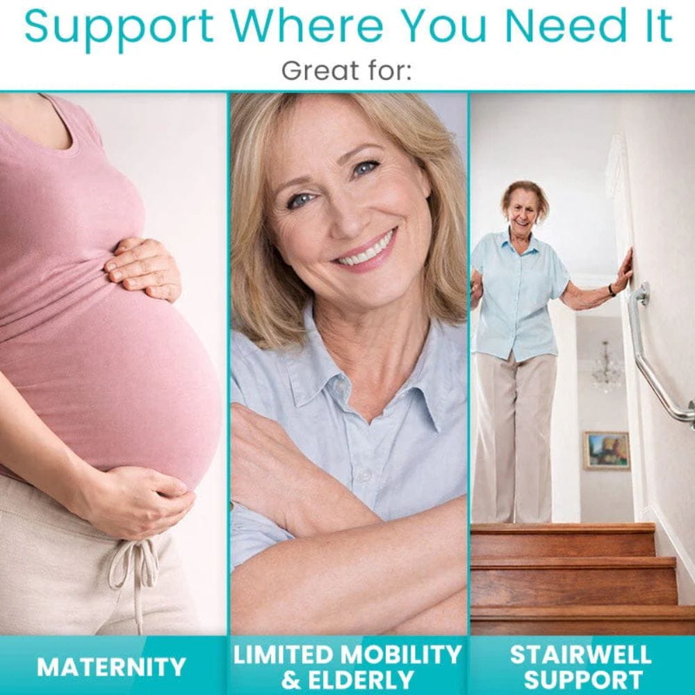 Three images showing support for different needs: maternity, limited mobility & elderly, and stairwell support.