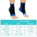 Black and blue compression ankle sleeves with a size chart for US shoe sizes.
