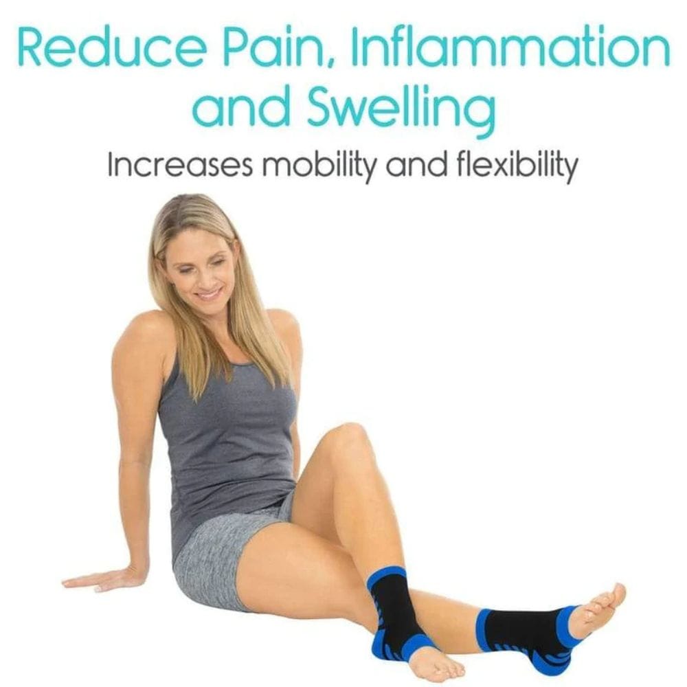 Woman wearing black ankle supports with text on pain, inflammation, and swelling relief.