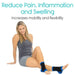 Woman wearing black ankle supports with text on pain, inflammation, and swelling relief.