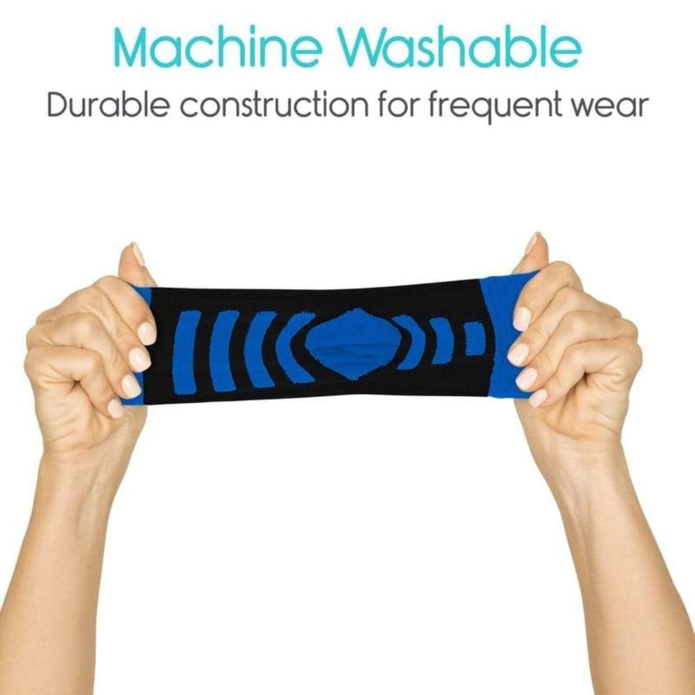 Blue and black band held by hands with text about machine washability on a white background