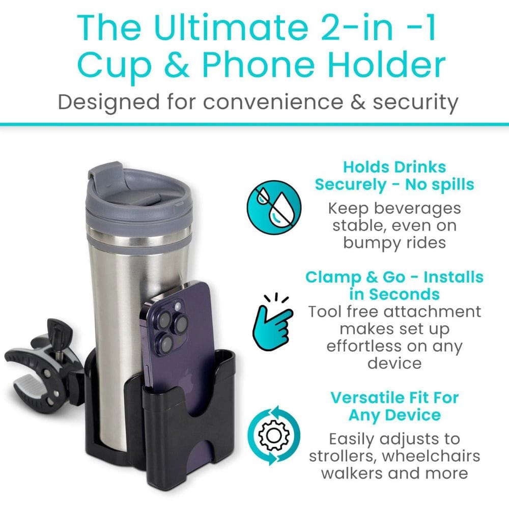 2-in-1 cup and phone holder with features listed on a white background