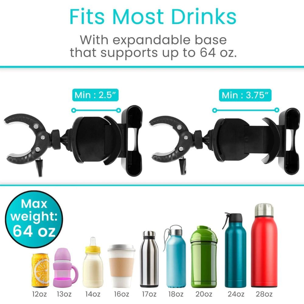 Expandable drink holder with capacity details and examples of drinks it can hold.