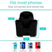 Black phone holder with dimensions and compatibility with various phone models on a white background