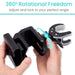 Black and turquoise clamps with 360° rotational freedom feature, held by a hand against a white background.