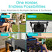 Product montage showing various devices and surfaces with a holder attached, including walkers, strollers, tables, and wheelchairs.