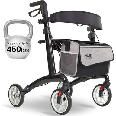 Black rollator with a gray bag labeled 'Vive Mobility' next to a kettlebell.