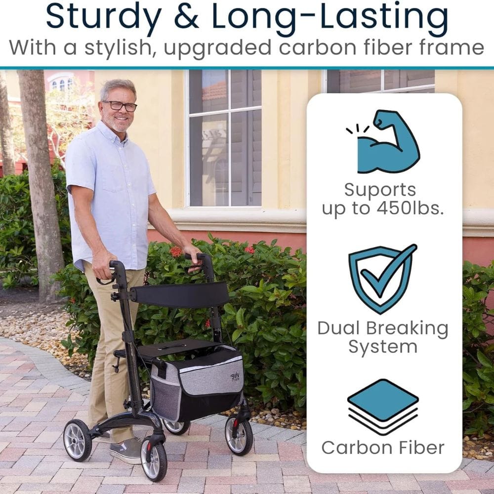 Man using a walker with text highlighting features like support capacity, dual breaking system, and carbon fiber frame.