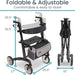 Foldable and adjustable rollator with measurements on a white background
