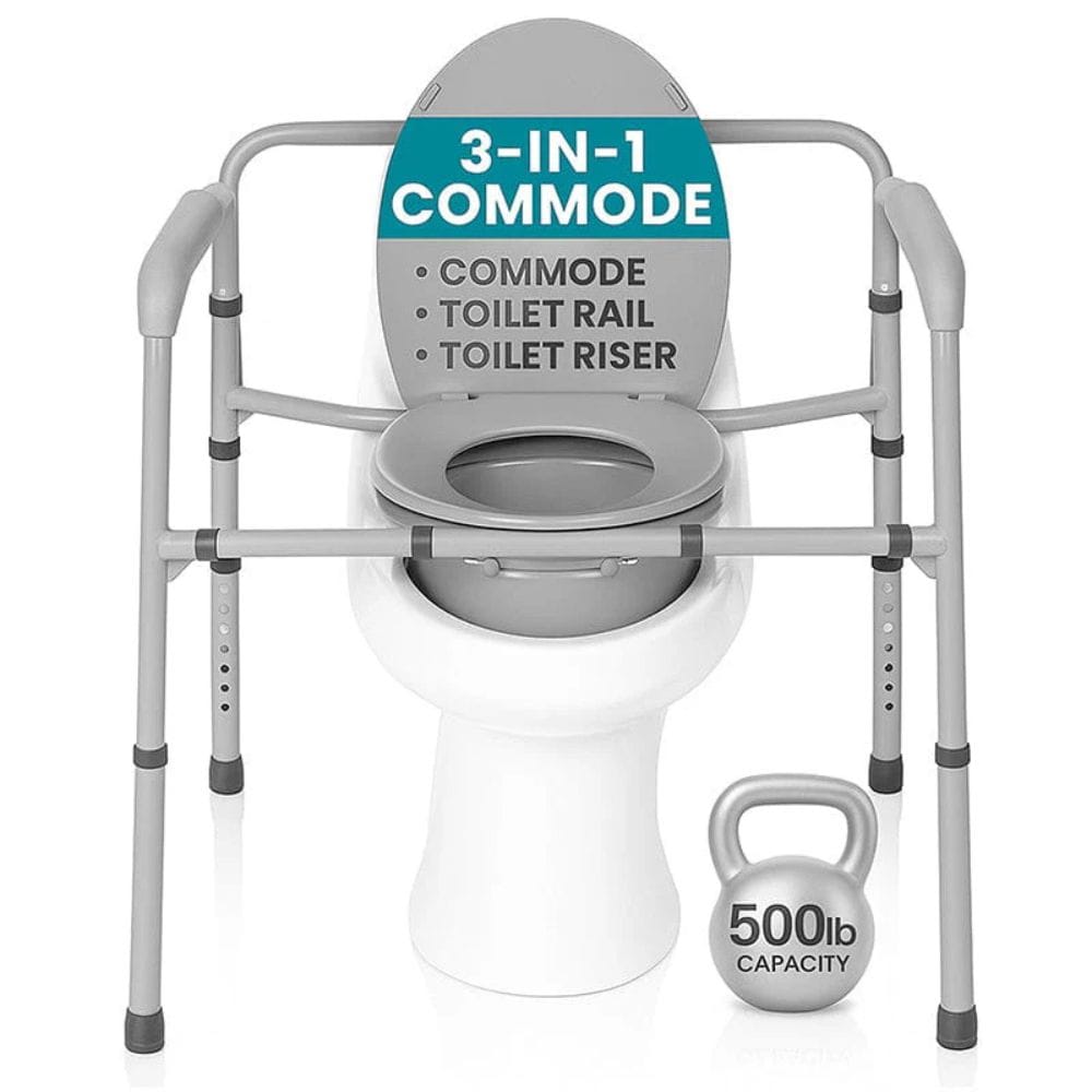 3-in-1 commode with toilet rail and riser, featuring a kettlebell for scale.