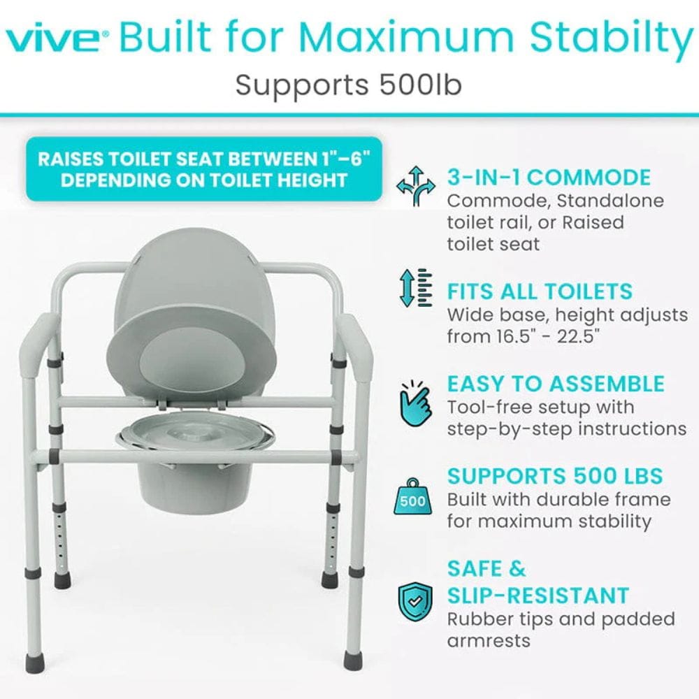 Vive 3-in-1 commode with features listed on a white background
