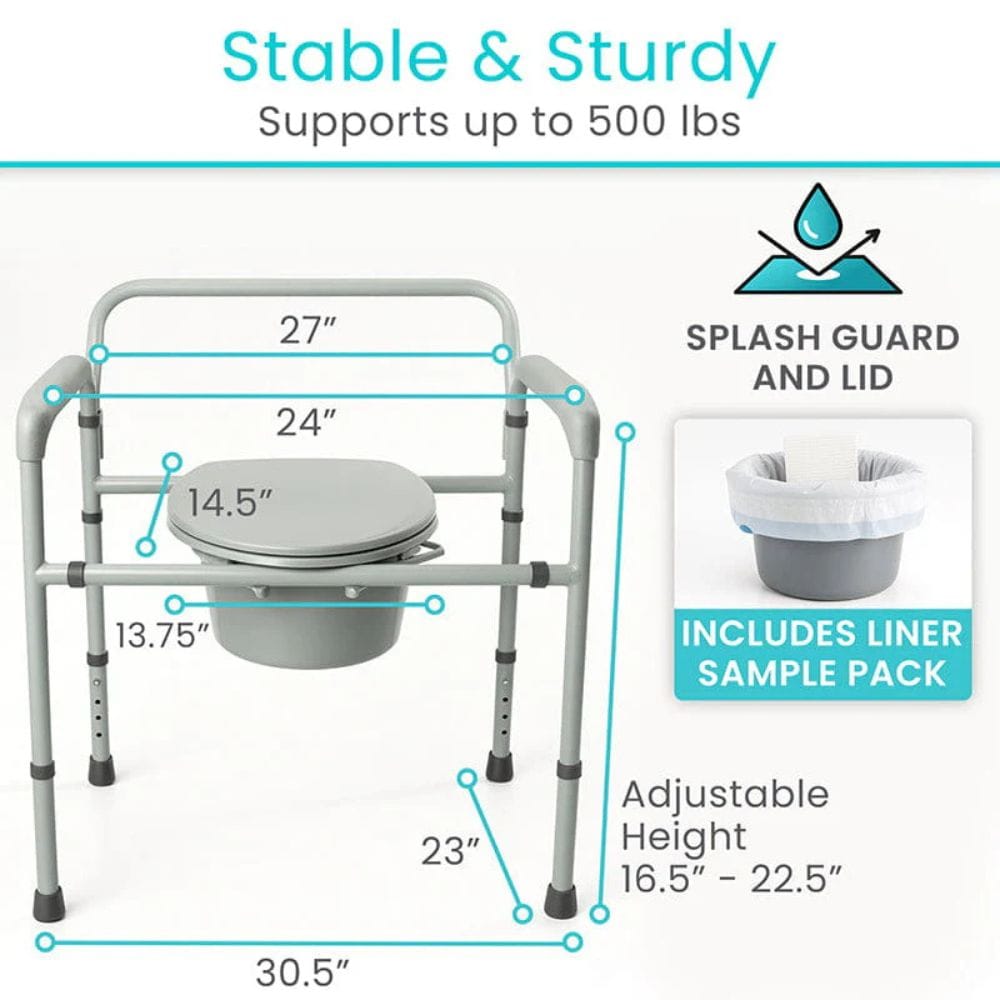 Comprehensive view of a commode chair with measurements and features highlighted.